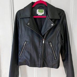 navy faux leather jacket from Anthropologie